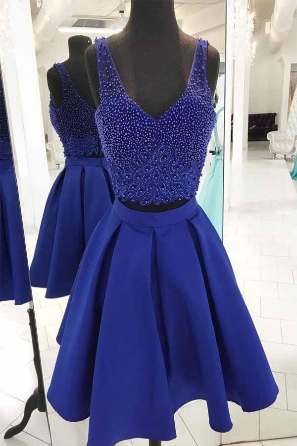 V Neck Beaded Royal Blue Two Piece ...